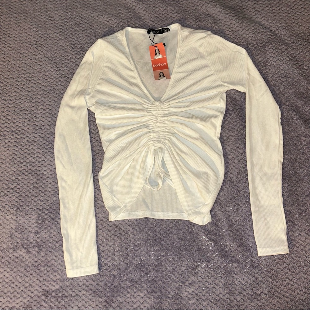 Boohoo rib ruched front long sleeve top ivory white